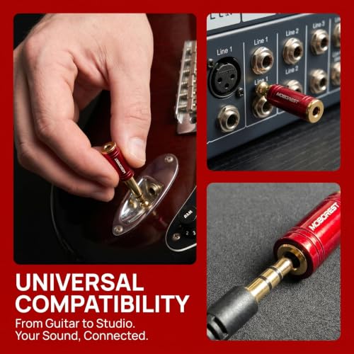 MOBOREST 1/4" Male to 3.5mm (1/8 in) Female TRS Headphone Adapter RED 1PCS | 6.35mm Male to 3.5mm Female adapter connectors for lossless TRS sound, guitar amp, piano, keyboard, mixer, studio - color: -RED-1PCS