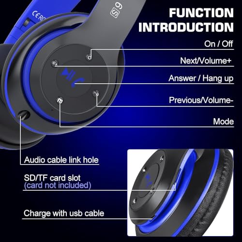 6S Bluetooth Headphones Over-Ear, Hi-Fi Stereo Foldable Wireless Stereo Headsets Earbuds with Built-in Mic, Volume Control, FM for iPhone/Samsung/iPad/PC (Blue) - color: Blue