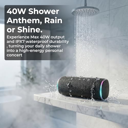 Bass Boosted Bluetooth Bike Speaker, IPX7 Waterproof | 30W RMS (40W Peak) Portable Wireless Outdoor Audio, 25H Playtime, LED Lights, TWS Pairing for Pool, Shower, Gifts (Black) - color: Black