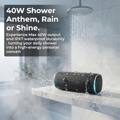 Bass Boosted Bluetooth Bike Speaker, IPX7 Waterproof | 30W RMS (40W Peak) Portable Wireless Outdoor Audio, 25H Playtime, LED Lights, TWS Pairing for Pool, Shower, Gifts (Black) - color: Black