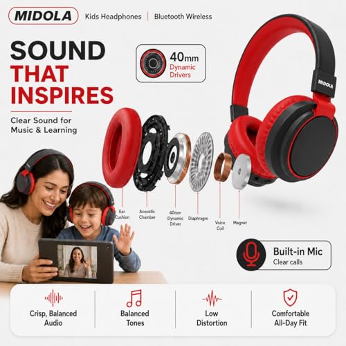 Kids Bluetooth Headphones Wireless 68 Hours,Safe Volume Limit 85/94dB | Adjustable Headband Foldable Over-Ear Lightweight Headsets for Toddler Girls Boys Tablet/iPad,HD Stereo,Built-in Mic Black - color: Black