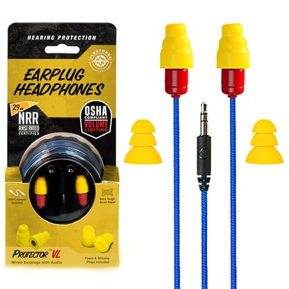 Plugfones Protector Volume Limited Audio Earbuds, OSHA Compliant Earplugs with Sound, Blue & Yellow - color: Yellow & Red