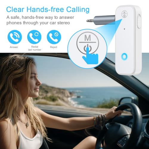 Bluetooth Aux Adapter for Car, 2 in 1 Bluetooth Transmitter Receiver for Hands-Free Call, Noise Cancelling 3.5mm AUX Wireless 5.3 Receiver for Car Home Audio System Headphones White - color: White