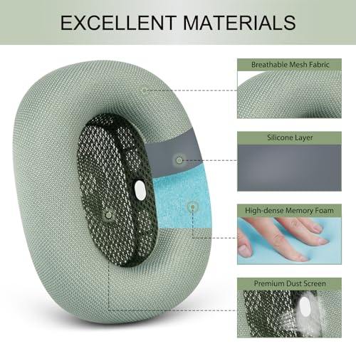 GEVO Upgraded Ear Cushions Replacement Earpads for AirPods Max 1 & 2 Headphones, Mesh Fabric Ear Pads Ear Covers Cups with Memory Foam and Magnet for AirPods Max 1 & 2 (Green) - color: Green