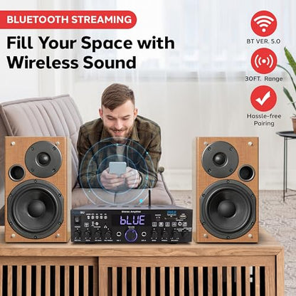 Wireless Bluetooth Home Stereo Amplifier - Multi-Channel 200W Power Amplifier Home Audio Receiver System w/Optical/Phono/Coaxial, FM Radio, USB/SD,AUX,RCA, Mic in - Antenna, Remote - Pyle PDA4BU - color: Deep Black