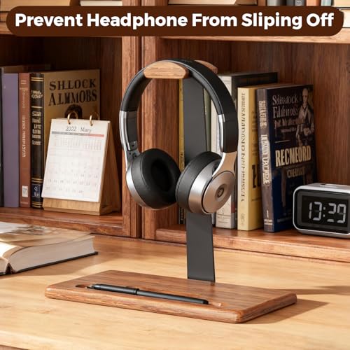 Walnut Headset Stand for Desk with Phone Holder | Headphone Stand Headphone Holder (Natural Wood)