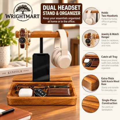 Dual Headphone Stand, Acacia Wood Holder for 2 Headsets, Phone & Tablet - style: Dual Headphone Stand