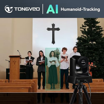 TONGVEO Wireless AI PTZ Camera with Auto-Tracking: Built-in 5.8GHz Receiver for Cable-Free Setup, 1080P 60fps 3X Zoom Conference Camera for Church Services, Online Classes & Hybrid Meetings - color: Coal