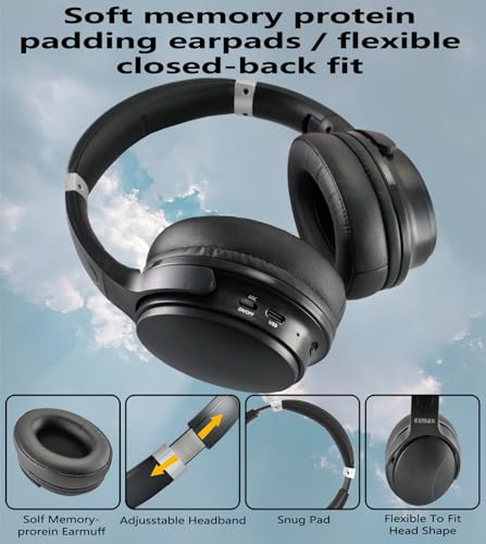 EXMAX H5 Bluetooth Headphones Over Ear ANC Hi-Fi Stereo Wireless/Wired Over-Ear Headphones + Microphone Foldable Comfortable Earmuffs Earpads 25 Hours Playtime for Online Class PC Cellphones TV