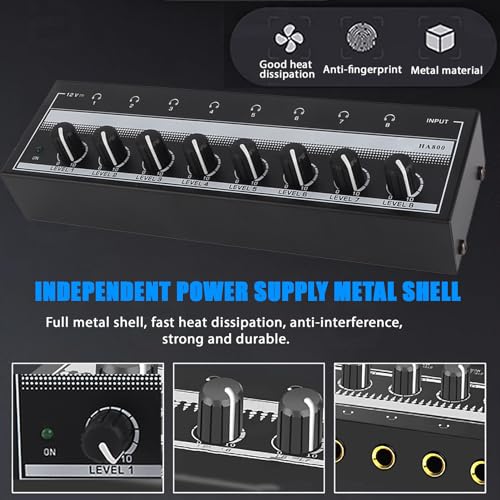 Portable Metal Stereo Headphone Amplifier with 8 Outputs, 1 Input, 12V Power Adapter, Mini Headphone Splitter for Studio/Stage, 100-240V US Plug