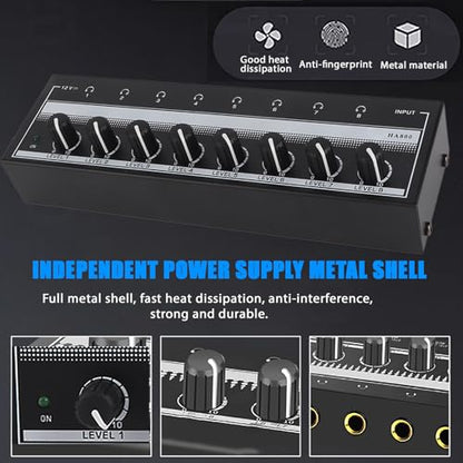 Portable Metal Stereo Headphone Amplifier with 8 Outputs, 1 Input, 12V Power Adapter, Mini Headphone Splitter for Studio/Stage, 100-240V US Plug