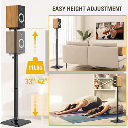Mounting Dream Height Adjustable Speaker Stands for Bookshelf Speakers | Universal Fit, 11 lbs Capacity, Set of 2 for Bose Polk JBL Sony Yamaha - 42" Max Height - size: 9.4" W x 18" H Speaker