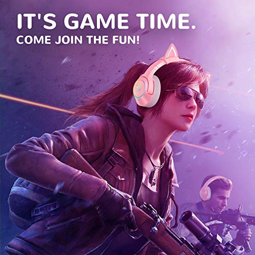 PHNIXGAM Pink Girl Gaming Headset for PS4, PS5, Wired Over-Ear Headphones with Detachable Cat Ears, Noise Cancelling Microphone, RGB Backlight, Surround Sound for PC