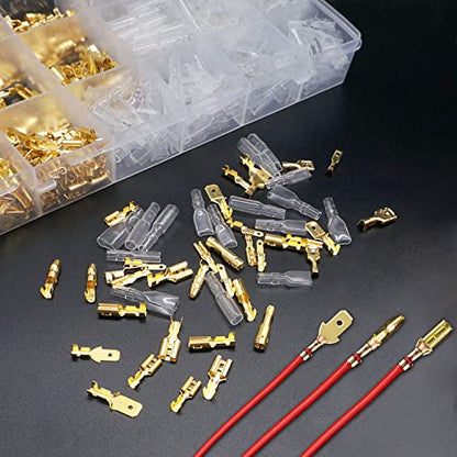 Twidec/640Pcs 2.8/4.8/6.3mm Quick Splice Male and Female Wire Spade Connector Crimp Terminal & Bullet Connectors Terminals Crimp Block Kit Golden with Insulating Sleeve Wiring Car Speaker N-001 - color: Gold 640PCS
