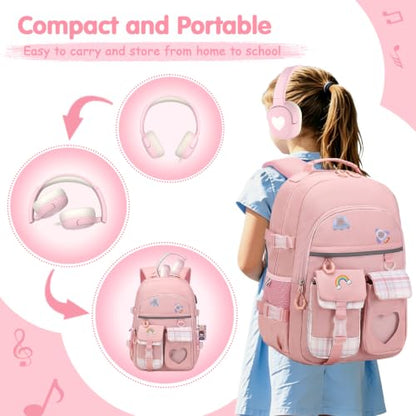 ACESAK Backpack for Girls with Headphones - Girls Backpack with Lunch Box, Pencil Case & Kids Headset - 3.5mm Wired Headphones for School Bookbag Schoolbag Set Back To School Gift (Pink) - color: Pink