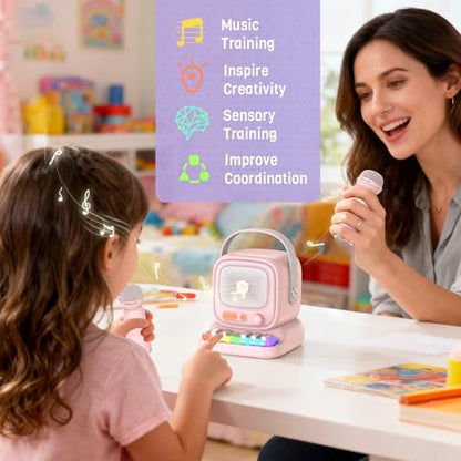 Mini Karaoke Machine with Colorful 7 Piano Keys,Top | Birthday for 3 4 5 6 7 8 9 10 11 12+ Years Old, Portable Bluetooth Speaker with Wireless Microphone,Boys and Girls Gift-Pink - color: C60Pink