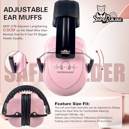 SAFEBUILDER Ear Muffs Noise Reduction SNR 33dB Adjustable Lightweight Safety Earmuffs Sound Proof Noise Cancelling ANSI - color: 1-pink
