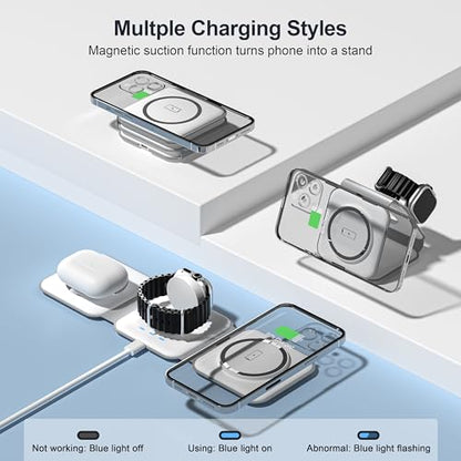 3 in 1 Charging Station for Multple Devices,Foldable 3 in 1 Wireless Charger for Travel,NANO Wireless Charging Station for iPhone17 16 15 14 13 12 Pro Max/Watch 10 9 8 7 6 5 4 3 Ultra/AirPod Pro - color: White