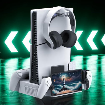PS5 / PS5 Slim Cooling Station with PlayStation Portal and Controller Charging Station, Cooling Stand for PlayStation 5, PS 5 Portal Charger Dock Accessories with Cooler Fan, Headset Holder, 4 USB Hub