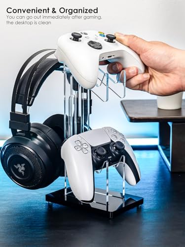OAPRIRE Headset and Controller Stand, Space-Saving 2 Tier Game Controller Holder, Acrylic Controller and Headset Stand for Desktop, Universal Design Compatible with PS5/PS4/Xbox/Switch (Deep Black) - color: Black, size: 2 Tier-without lights