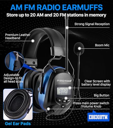 AM FM Radio Hearing Protection Earmuff, Bluetooth 5.4, 30SNR | Rechargeable Hearing Protectors with Gel Earpads, Headphones for Lawn Mowing, Construction, Chainsaw, Landscaping - color: Am/Fm + Bluetooth + Microphone-blue