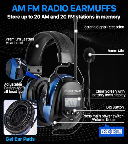 AM FM Radio Hearing Protection Earmuff, Bluetooth 5.4, 30SNR | Rechargeable Hearing Protectors with Gel Earpads, Headphones for Lawn Mowing, Construction, Chainsaw, Landscaping - color: Am/Fm + Bluetooth + Microphone-blue