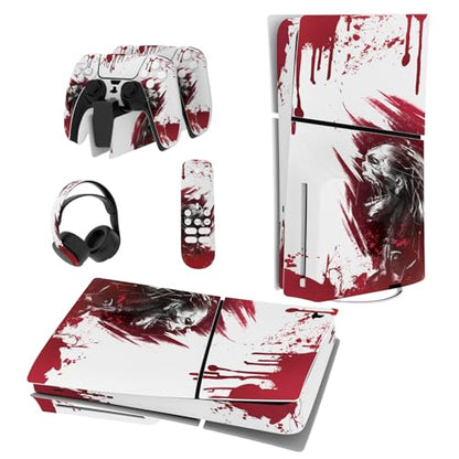 PlayVital Full Set Skin Sticker for ps5 Slim Console Disc Edition (The New Smaller Design), Vinyl Skin Decal Cover for ps5 Controller & Headset & Charging Station & Media Remote - Blood Zombie - color: Blood Zombie