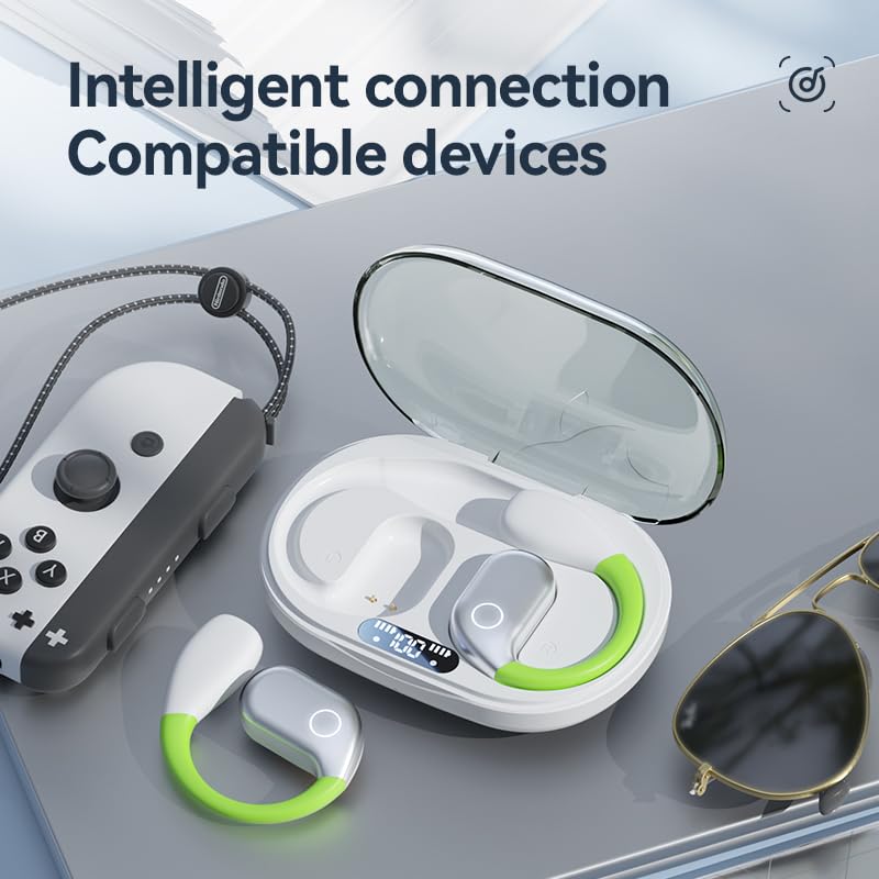 Open Wireless Bluetooth Earbuds with Charging Box, Ergonomic Earhook, Bluetooth 5.4 Headphones with Smart Digital Display, 40H Playtime, Touch Control, Fit for Cycling, Running, Workout, White