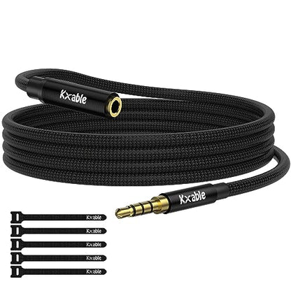 Kxable 3.5mm Headphone Extension Cable 15FT, 4 Pole TRRS 1/8 inch Male to Female Stereo Audio Cord, Nylon Braided, Microphone Compatible, for Headphone, iPad, Smartphone, Media Players, Tablet- Slim - size: 15FT