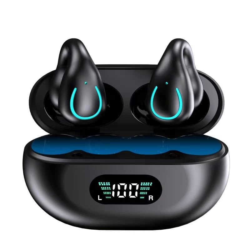 Obbug Clip-On Open Ear Headphones Wireless Bluetooth 5.3 Earbuds with Earhooks 80 Hours Playtime with Charging Case,IPX4 Waterproof Earphones for Running, Walking, Workout(Black) - color: Black