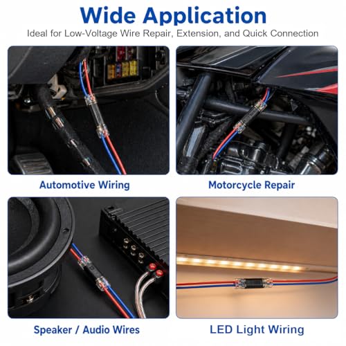 No Strip Solderless Speaker Wire Quick Disconnect Connectors Kit, Includes 40Pcs/20 Pairs, Tape, Zip Ties Install Tools, for Car Audio & 12V Automotive, 16-18 AWG