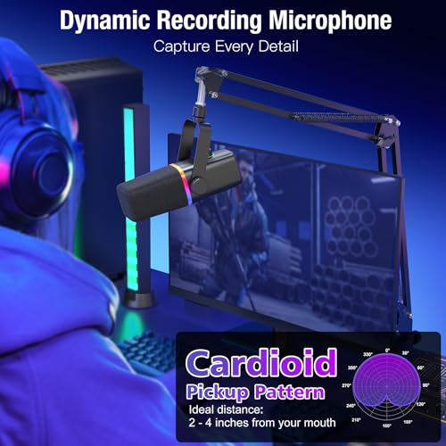 ZealSound USB/XLR Dynamic Microphone with Boom Arm, Podcast Gaming Mic for PC, Mac, iPhone, USB-C & Lightning, RGB Light, Touch Mute, Gain Control, Headphone Monitoring for YouTube TikTok Streaming