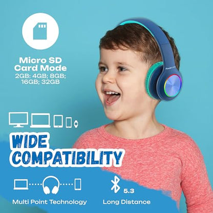 PowerLocus PLED Kids Bluetooth Headphones, Kids Wireless Headphones with LED Lights, 74/85/94dB Safe Volume, Micro SD, AUX Cable, Hi-Fi Stereo, Built-in Mic Over Ear Kid Headphone for Travel/Tablet/PC - color: Blue