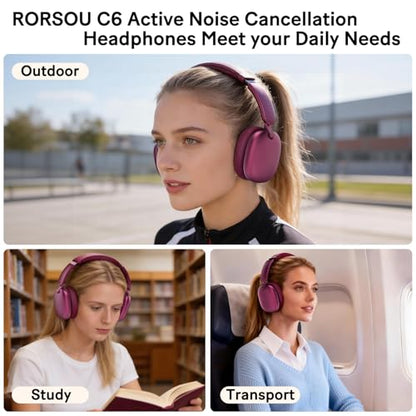 C6 Active Noise Cancelling Headphones, Wireless Over Ear Bluetooth Headphones, 60H Playtime, Lightweight Folding Deep Bass Comfort Fit Ear Cups Headset with Mic for iPad/Travel/PC/Home Red - color: Red