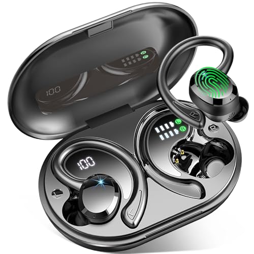 Wireless Earbuds Sport, Bluetooth 5.4 Headphones 3D Bass Hi-Fi Stereo Over Ear Buds, 60Hrs ENC Noise Cancelling Headset with Earhook, IP-X7 Waterproof Earphones Workout Running Gym for Android iOS - color: A-Bright Black