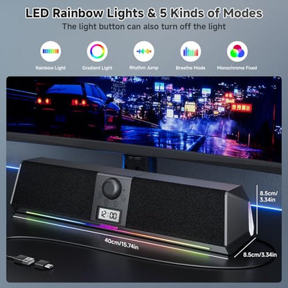 SOULION Bluetooth Computer Speakers USB Plug & Play with Clock & LED | Digital Clock Display, Bottom Mirror Lighting, LED Rainbow Lights & 5 Kinds of Modes, USB/Bluetooth/AUX Mode, Powerful Sound