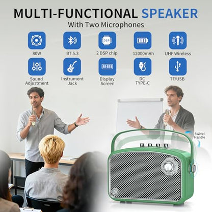 Karaoke Machine, 120W Peak Bluetooth Karaoke Speaker with 2UHF Microphones, Small PA System for Adults Kids with Bass/Trable/Echo Adjustment, Supports TF/USB/AUX/Live/Instruments for Home Party Events - color: Green