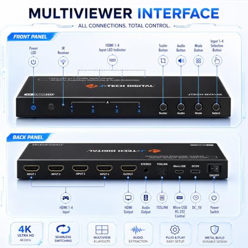 J-Tech Digital 4K HDMI Multiviewer Switch 4 in 1 Out, 4x1 4K 30Hz HDMI Quad Multiviewer Seamless Switcher with PiP, 6 Viewing Modes, Audio Extraction via Optical 3.5mm (JTECH-MV41AE)
