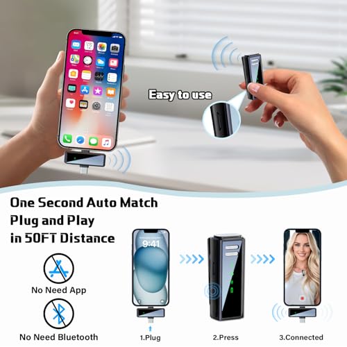 Wireless Lavalier Microphone with Noise Cancellation, 6 Hours of Battery, Wireless Mini Microphone for iPhone, Android, Record Interview, Vlogs
