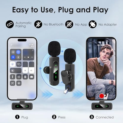 HEHOTTC USB C Mini Wireless Lavalier Microphone for iPhone/Android,Lapel Mic with Magnetic Clip-on for Record Video，Lav Mic with LED Display Podcast Vlog Content Creator Interview