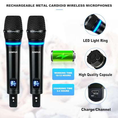 4 Channel Rechargeable Wireless Microphone System, Pro UHF Metal Handheld Wireless Microphones Cordless Mics with Echo Bluetooth VOL Channel Control for Karaoke Singing Church(MU-898)