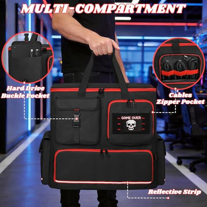 Desktop PC Tower Backpack for ATX/M-ATX Case with Bottom Pad | Padded PC Travel Bag with 6 Storage Pockets, MOLLE Side Pockets, Reflective Strips, Trolley Strap and Shoulder Straps, Black