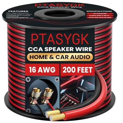 16 Gauge Speaker Wire 200ft 2-Conductor CCA Home Theater Surround | Speaker Cable with Minimal Audio Distortion & 1ft Printed Marks, Red Black Polarity, Soft PVC for Home Wall Wiring - size: 200FT, style: 16GAUGE