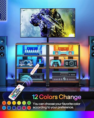 CHOEZON 4-Tier AV Media Stand with Wheels, Stereo Stands, Media Console Shelf with Power Strips, LED Lights, Wooden Audio Cabinet Rack Tower, Rustic Brown and Black TCJ60UDBF