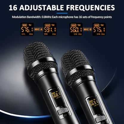R4-PROS 4 Channel Karaoke Mixer with 2 Wireless Microphones, Bluetooth Audio Mixer Sound Board, Independent Dual Mic Volume Control, USB Mixer for Home KTV, Party, Live Streaming, Podcast