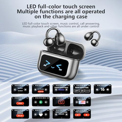 Open Ear Bone conduction Headphones Bluetooth 5.4 Wireless Clip On Earbuds with Digital Display Charging Case 40 Hours Playtime Sport Earphones Built-in Mic IPX7 Waterproof for Running Fitness Black - color: Black