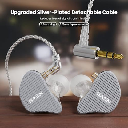 BASN Mix-PD in Ear Monitor,Planar Driver+Dynamic Driver 2-Pin Cable,Grey | Two Mixed Drivers IEM with CNC Crafted Metal Cover, Wired Detachable 0.78mm 2-Pin Silver Plated OFC Cable for Musicians - color: Grey