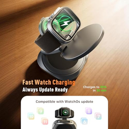 3-in-1 Foldable Qi2.2 25W Magnetic Wireless Charger Stand for iPhone Black | 360° Rotatable Charging Station for Airpods & Apple Phone Watch Earbuds for Travel Desk Home [With Cable Only] - color: Black