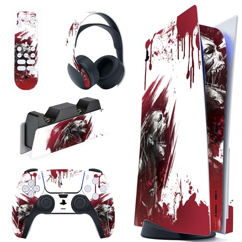 PlayVital Full Set Skin Decal for ps5 Console Disc Edition, Vinyl Sticker Decal Cover for ps5 Controller & Charging Station & Headset & Media Remote - Blood Zombie - color: Blood Zombie