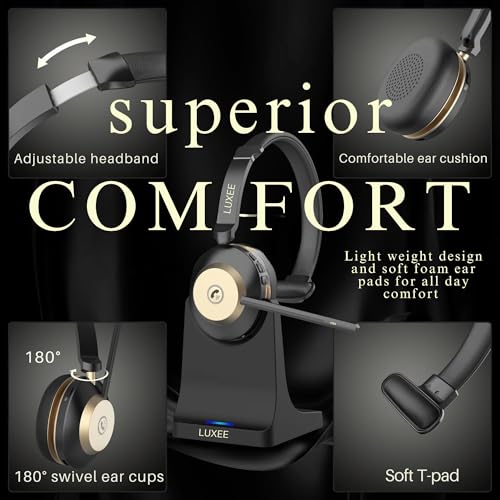 LUXEE Bluetooth Wireless Headset with Microphone for Work - Single Ear Computer Headset with USB Dongle & Charging Base, Noise Canceling Office Headset for Laptop, Zoom, Audifonos con Microfono